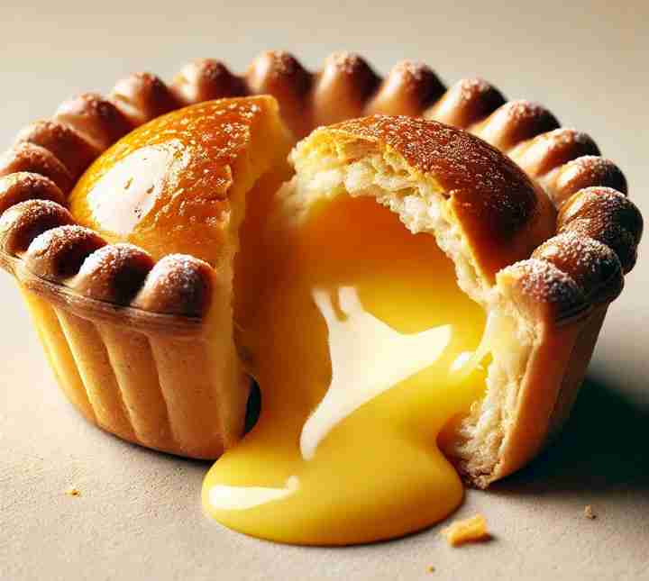 A small, round tart with a flaky crust sits on a surface, oozing smooth, golden custard from its interior, creating a rich, inviting scene.